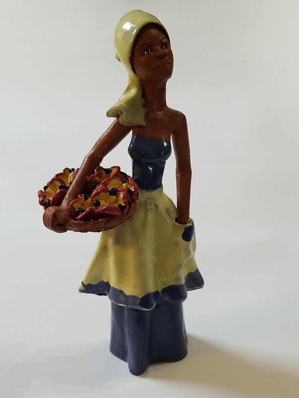 Vintage Folk Art Handcrafted Clay/ Terracotta Women With Flower Basket